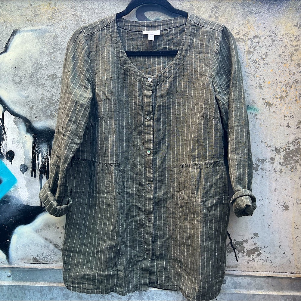 J. Jill Deep Army Green Pinstriped Oversized Linen Tunic with Pockets